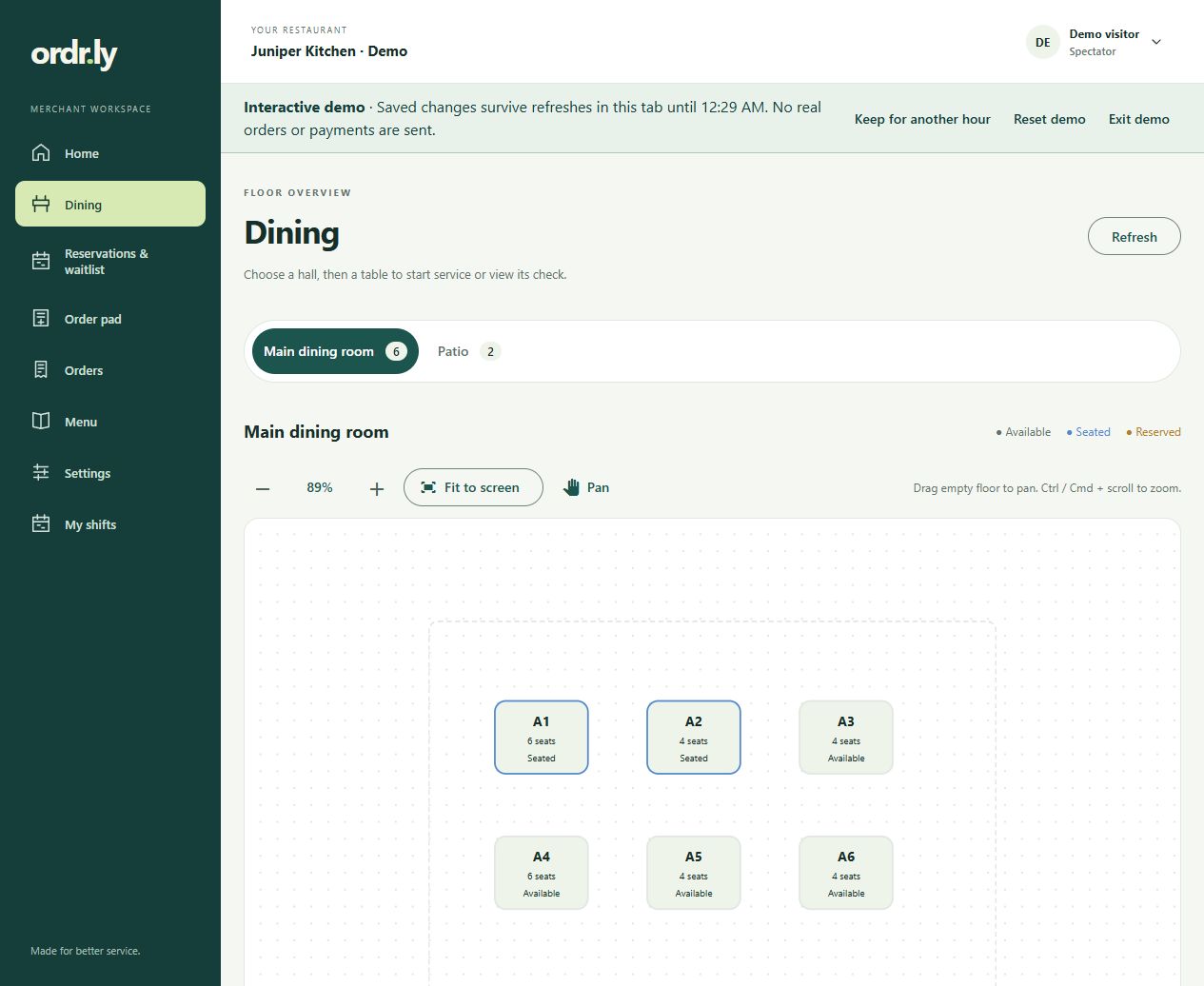 Ordr.ly dining floor with six tables and available or seated statuses
