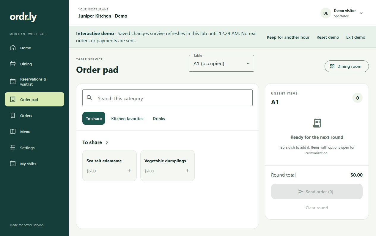 Staff order pad for table A1, with menu categories and an unsent round