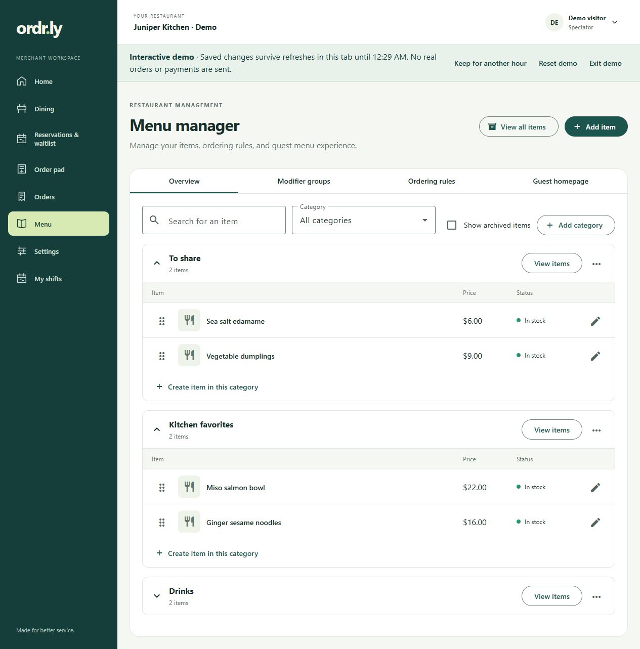 Actual menu manager showing editable categories and dishes