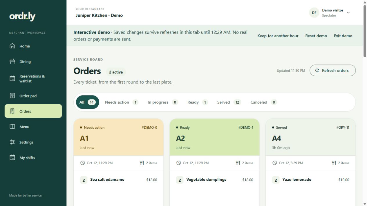 Order board showing needs action, ready, and served tickets
